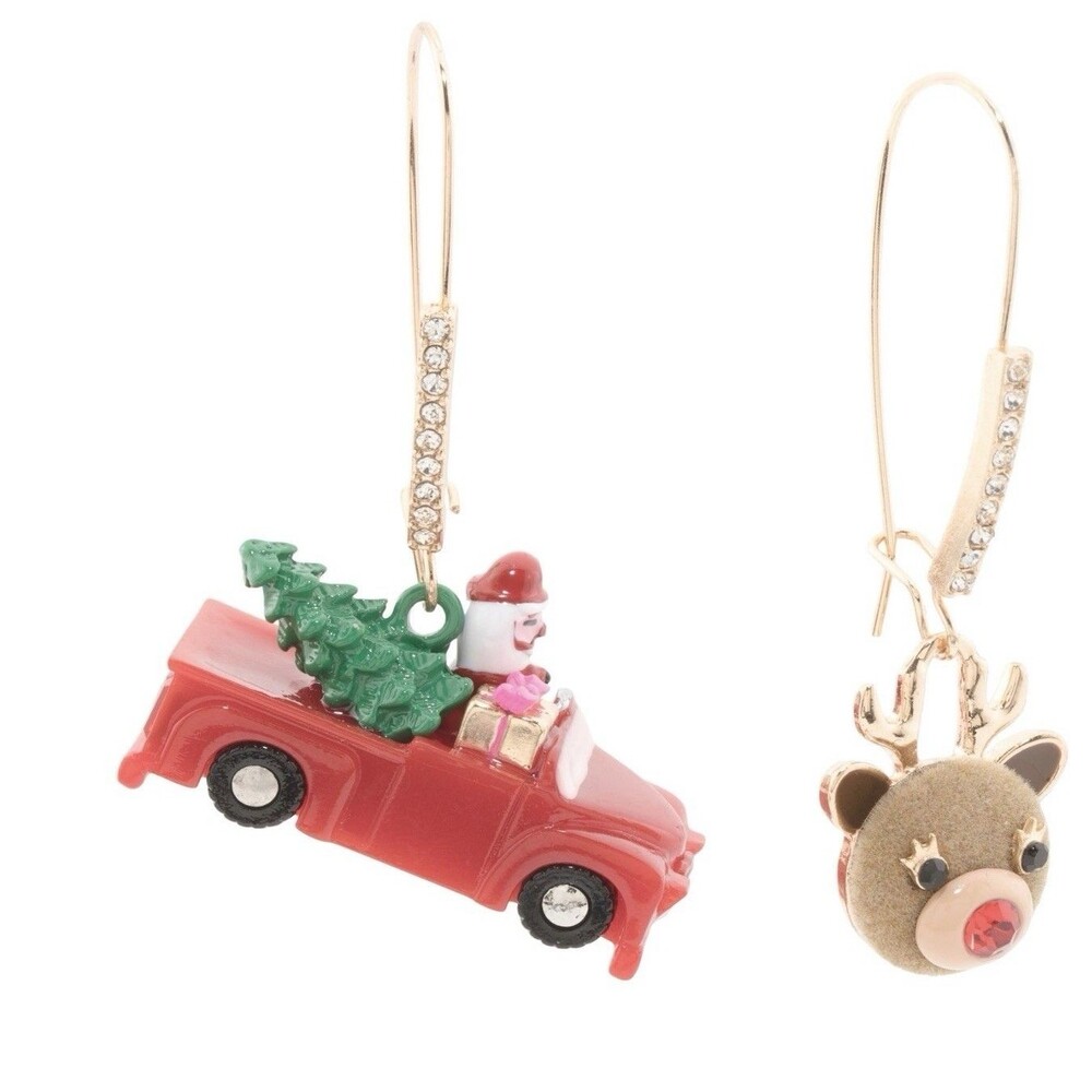 Betsey Johnson Santa Truck & Reindeer Mismatch Drop Earrings Crystal NWT